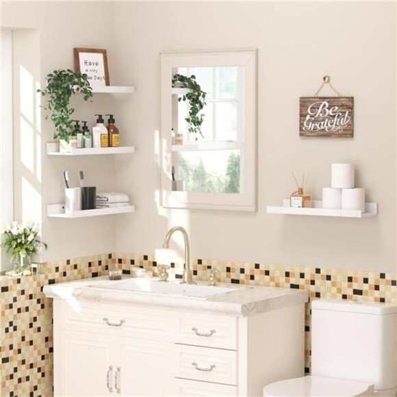 Upsimples Floating Wall Shelves Set of 6 Wood Storage for Home Decor White - Picture 2 of 8